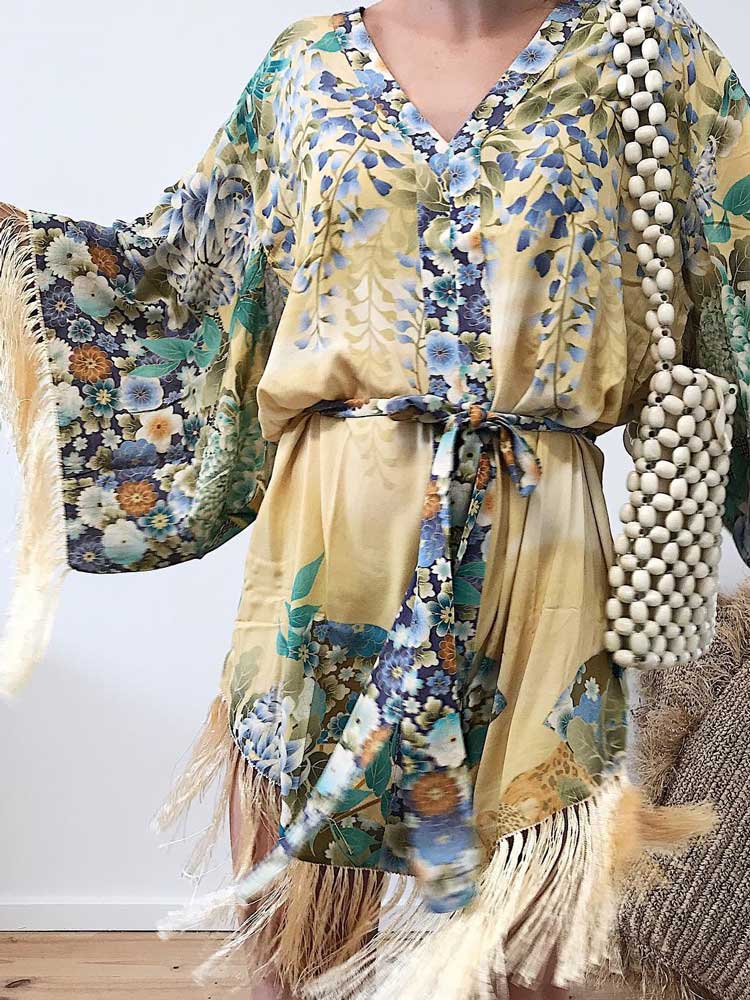 Women Fringe V-Neck Kimono Dress