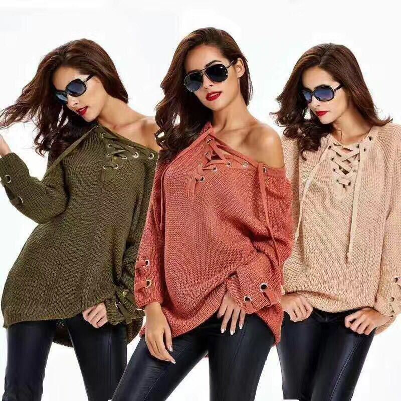 2021 Women Sweater woman Sweaters V Neck Mesh Lace Up Sweater Striped Bandage Cross Links Tops Casual Loose Jumper