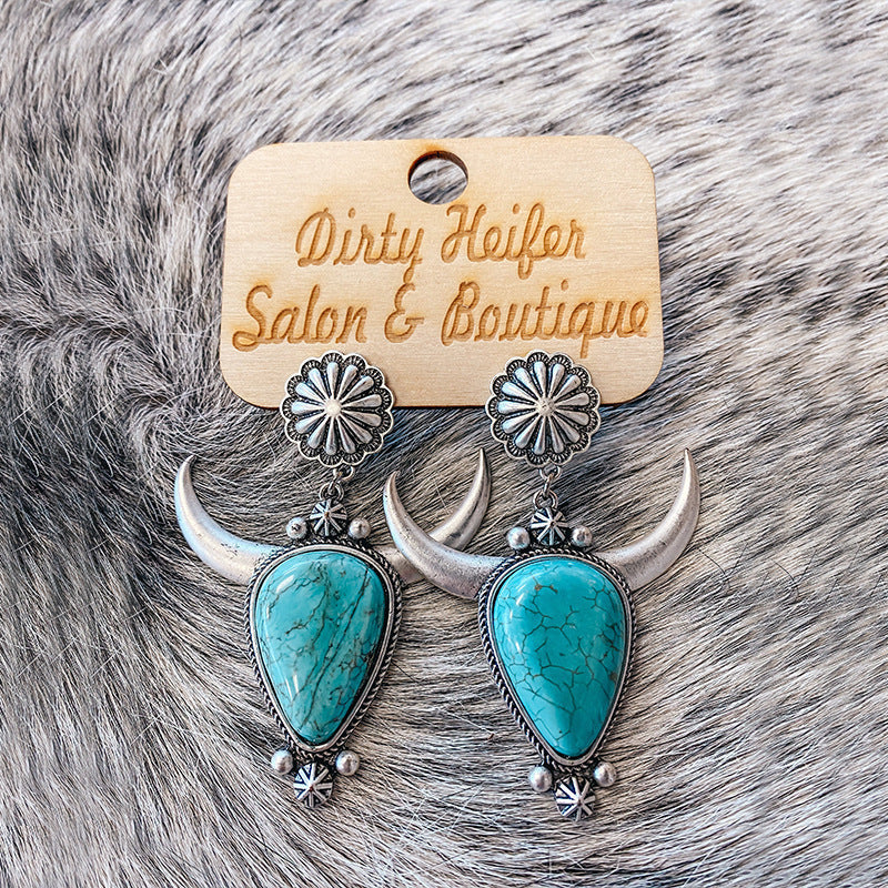 Women's Vintage Boho Drop Turquoise Bull Head Earrings