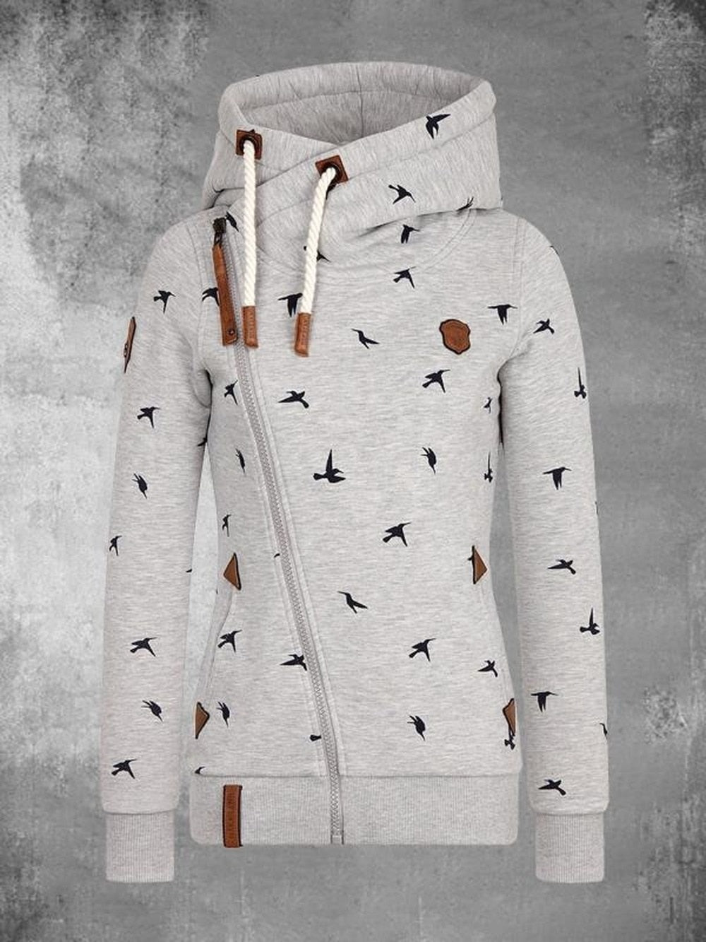 Bird Hooded Pocket Diagonal Zipper Cardigan Jacket Sweatshirt