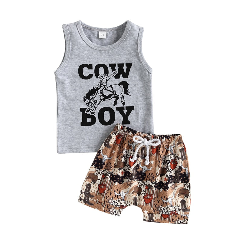 Western Boys Clothing Sets Letter Sleeveless Tanks Tops+Cattle