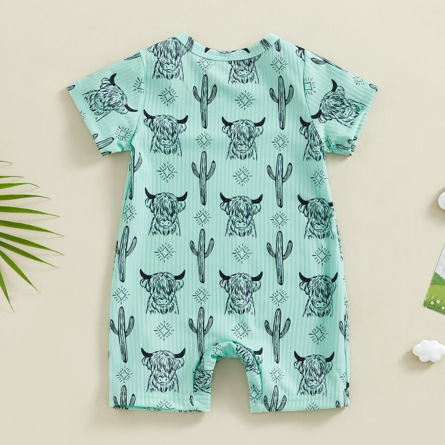 Ribbed Cattle Cactus Graphic Print Short Sleeve O-neck Jumpsuits