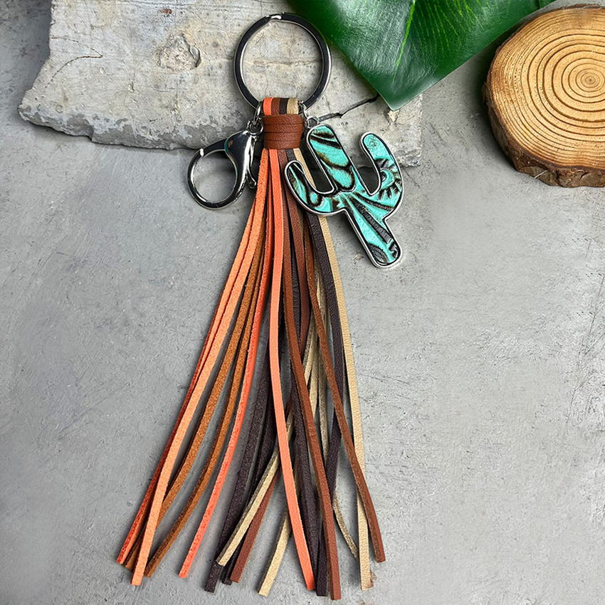 Genuine Leather Leopard Cactus Tassel Fringe Key Chain