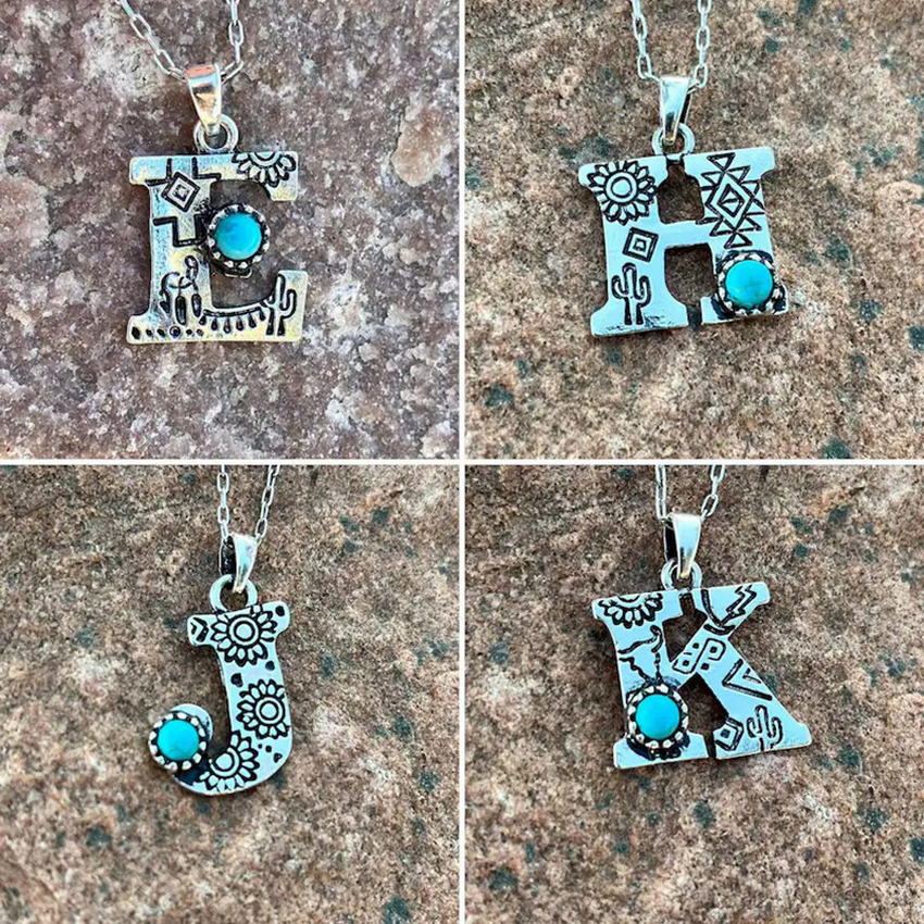 Stainless Steel Stamped Desert Cactus Turquoise Aztec Initial Necklace