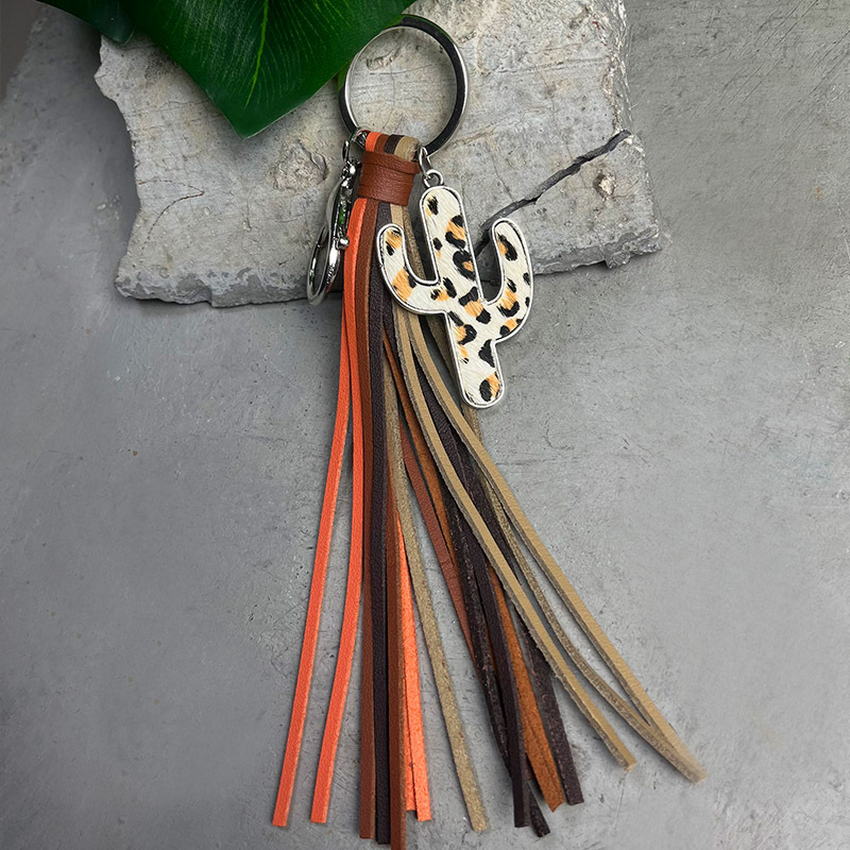 Genuine Leather Leopard Cactus Tassel Fringe Key Chain