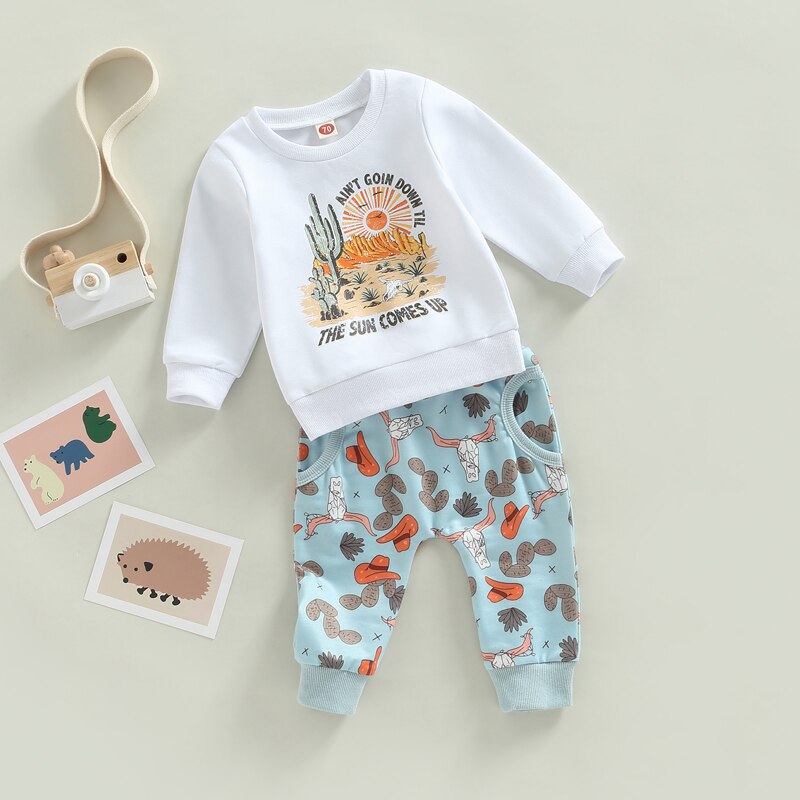 Cow Cactus Sun Print Long Sleeve Sweatshirts+Pocket Long Pants