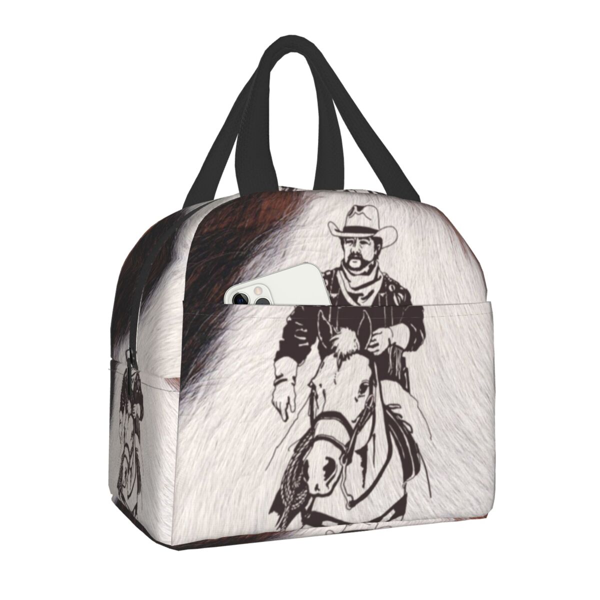 Western Cowboy Rodeo Horse Cowhide Cow Print Lunch Bag Resuable Cooler Thermal Insulated Lunch Box for Women School Work Picnic