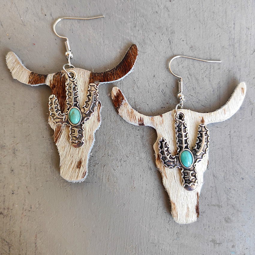 New Turquoise Cactus and Genuine Leather Ox Head Earrings