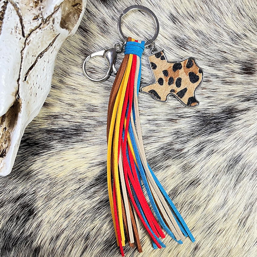 Genuine Leather Leopard Cactus Tassel Fringe Key Chain