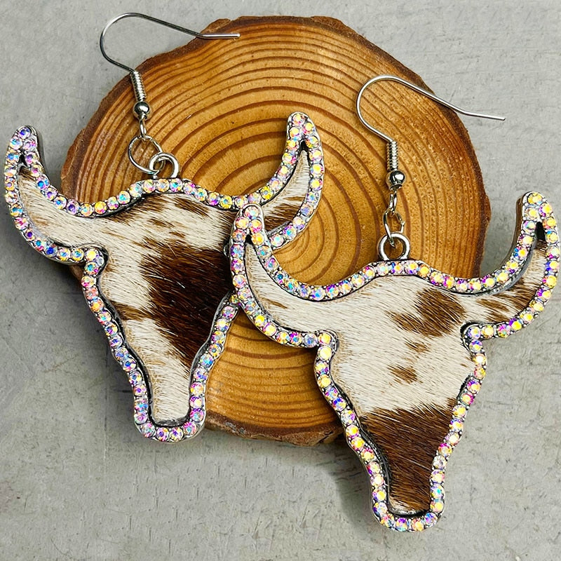 Genuine Leather Cow Steer Head Cowboy Cowgirl Western Earring Piercing Longhorn Bull Steer Earrings W/Rhinestone COWHERD JEWELRY
