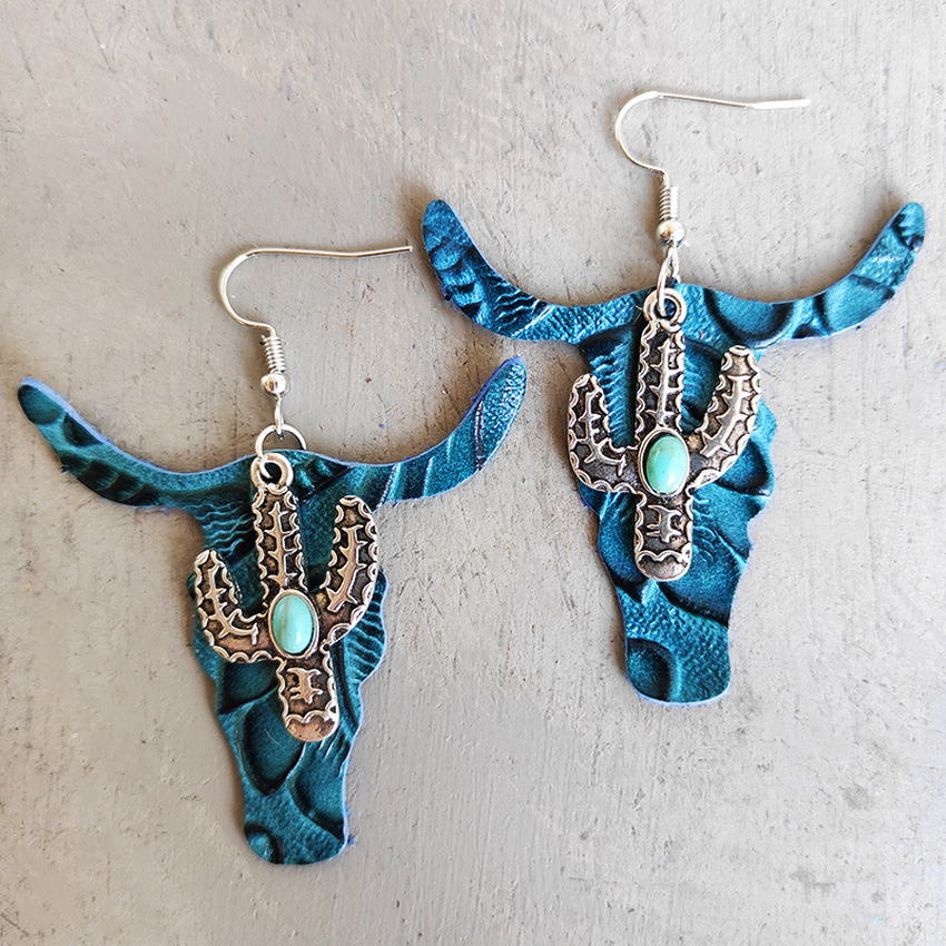 New Turquoise Cactus and Genuine Leather Ox Head Earrings