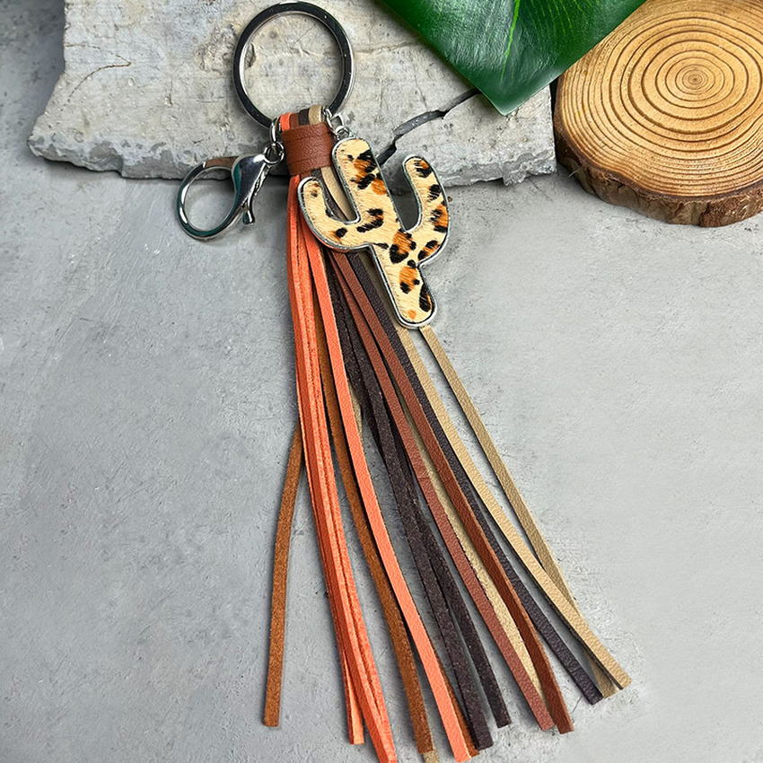 Genuine Leather Leopard Cactus Tassel Fringe Key Chain