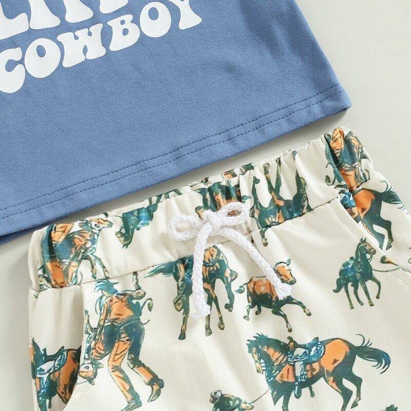 Daddy's Little Cowboy Short Sleeve T-shirts+Horse Print Drawstring Long Pants Outfits