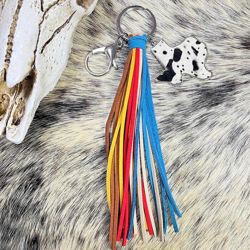 Genuine Leather Leopard Cactus Tassel Fringe Key Chain