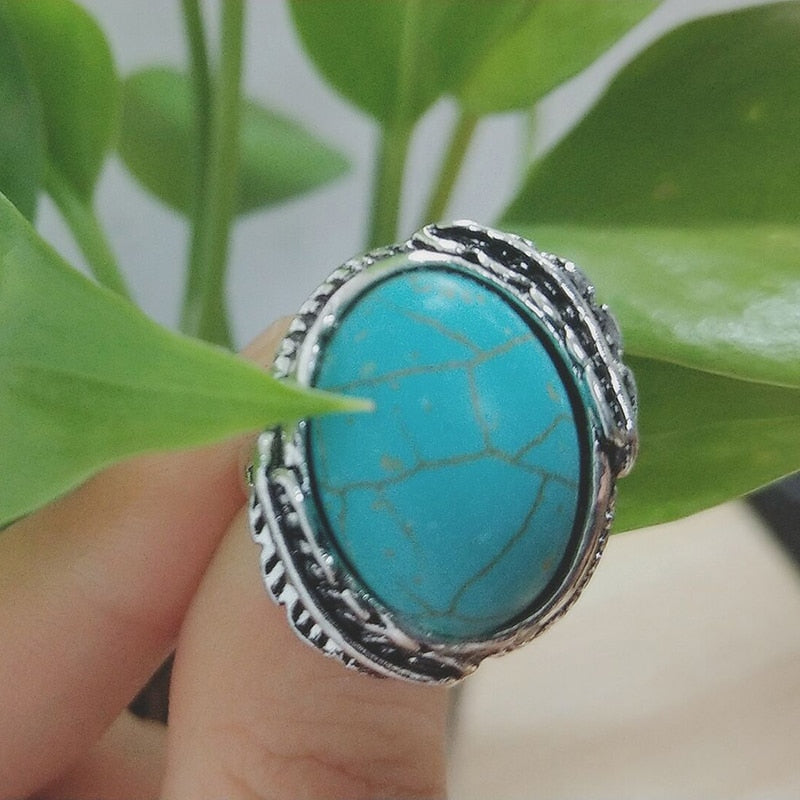 Charming Three Stone Ring Boho Vintage Blue
