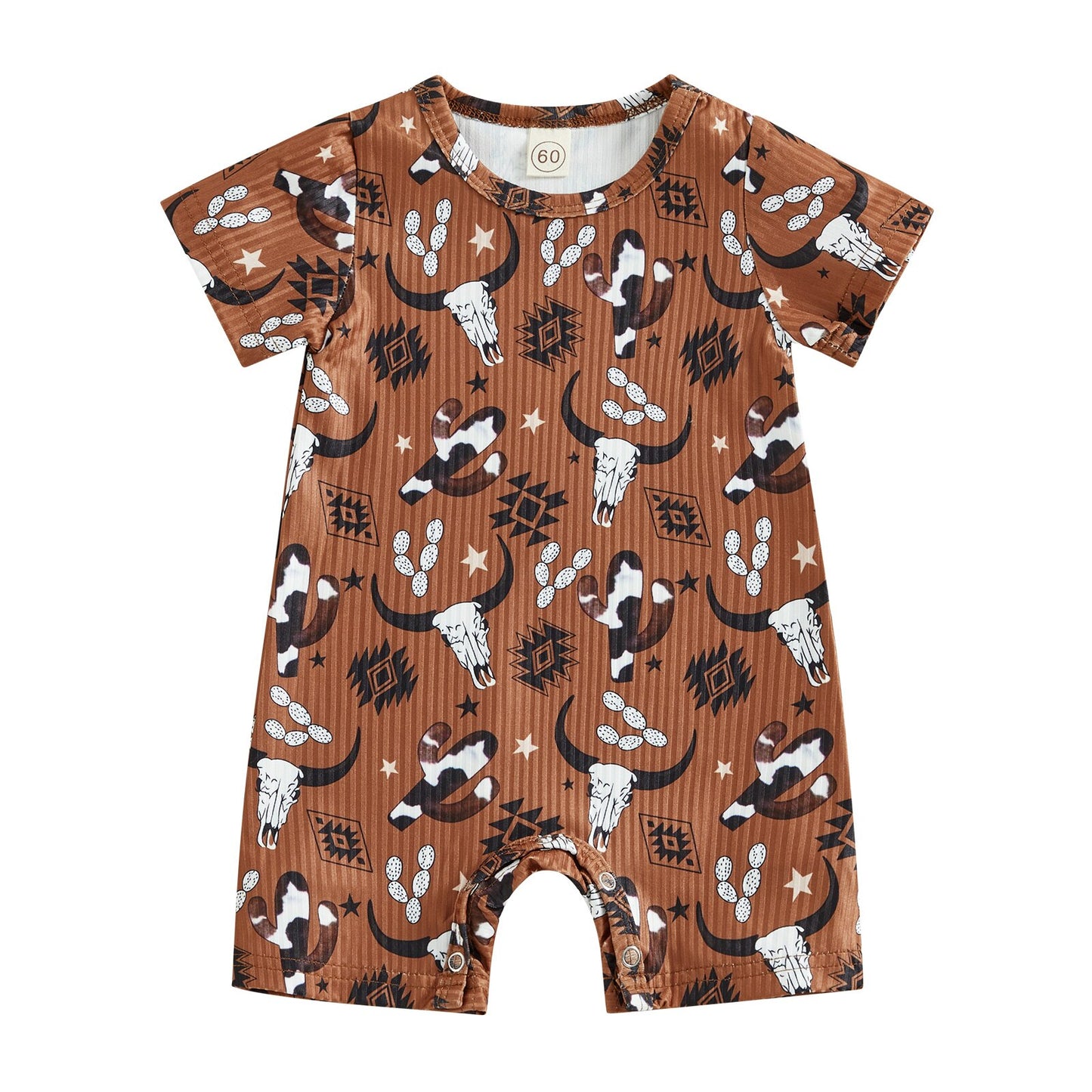 Ribbed Cattle Cactus Graphic Print Short Sleeve O-neck Jumpsuits