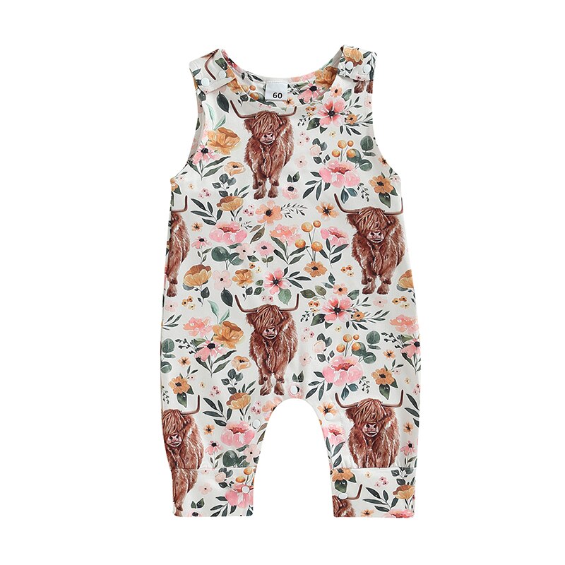Rompers Cattle Floral Cactus Print Sleeveless O-neck Jumpsuits Overalls Clothes