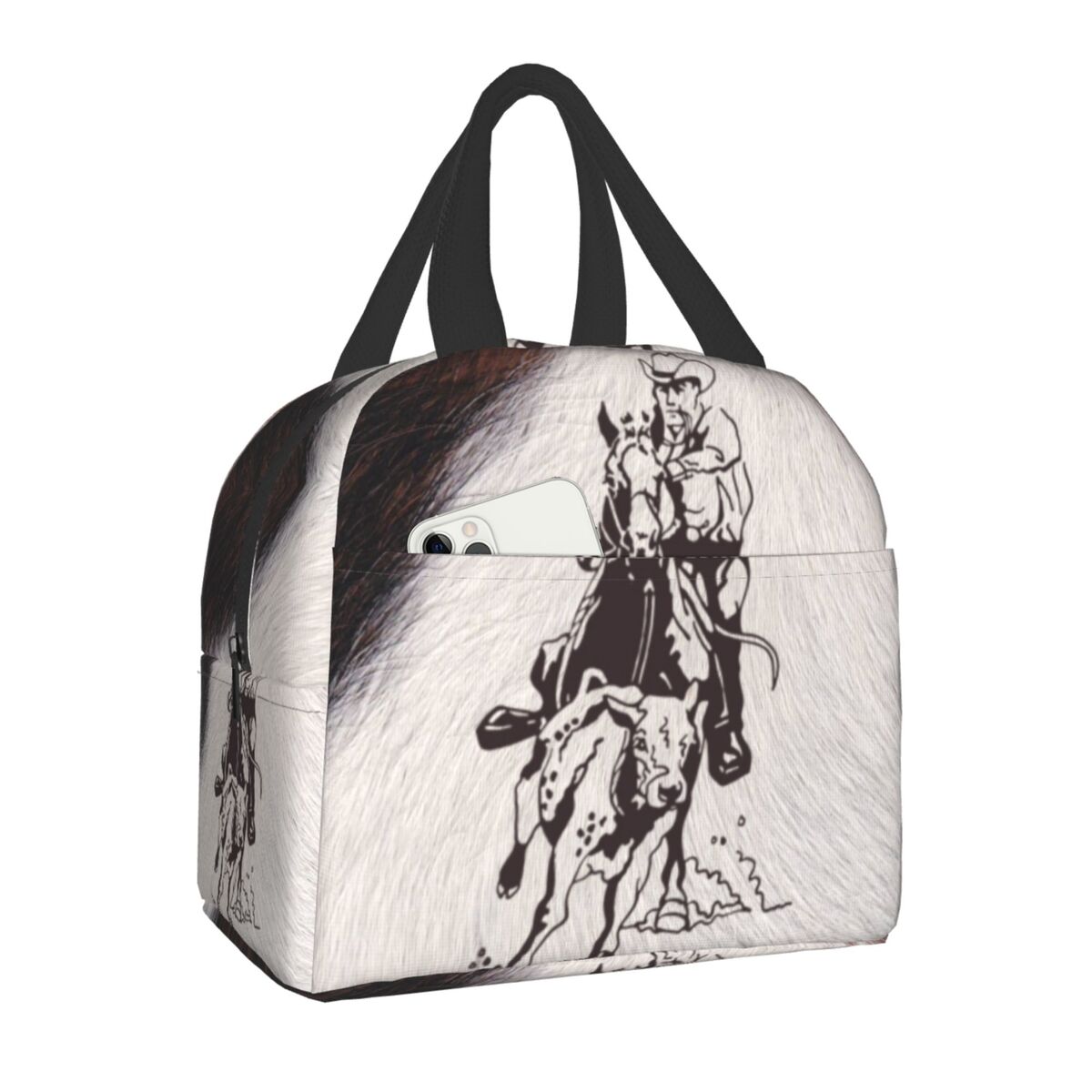 Western Cowboy Rodeo Horse Cowhide Cow Print Lunch Bag Resuable Cooler Thermal Insulated Lunch Box for Women School Work Picnic