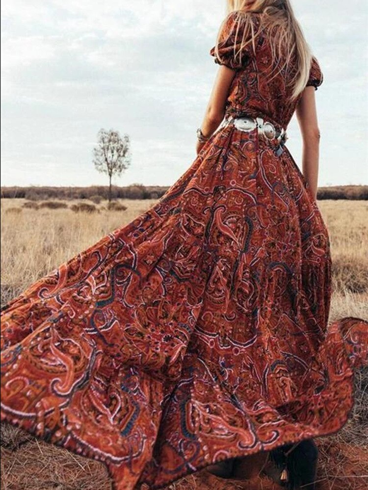 Bohemian Long Dresses Short Sleeve Split Maxi