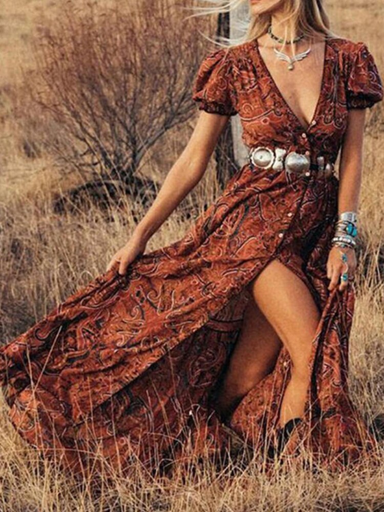 Bohemian Long Dresses Short Sleeve Split Maxi