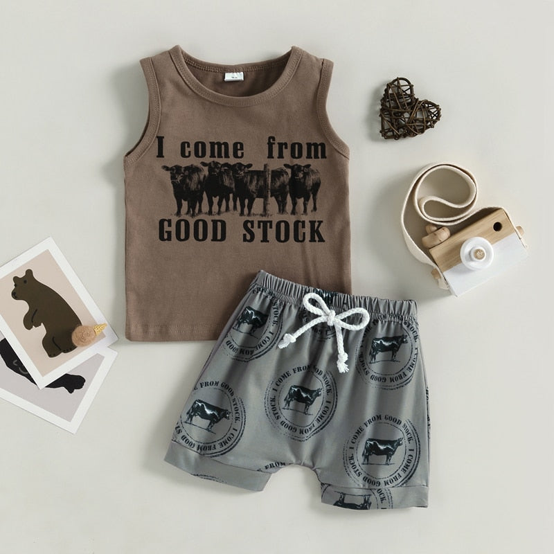 Western Boys Clothing Sets Letter Sleeveless Tanks Tops+Cattle