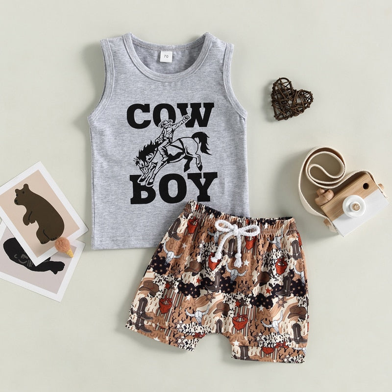 Western Boys Clothing Sets Letter Sleeveless Tanks Tops+Cattle