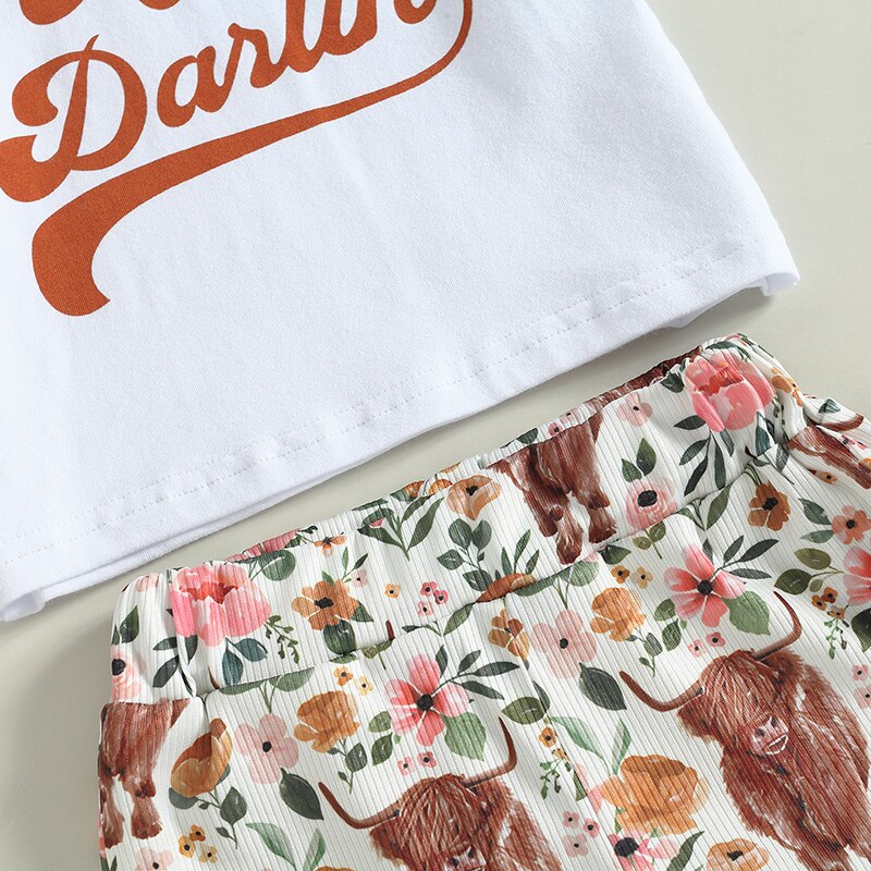 Hello Darling T-shirts+Ribbed Cattle Floral Print Flare Long Pants+Headwear
