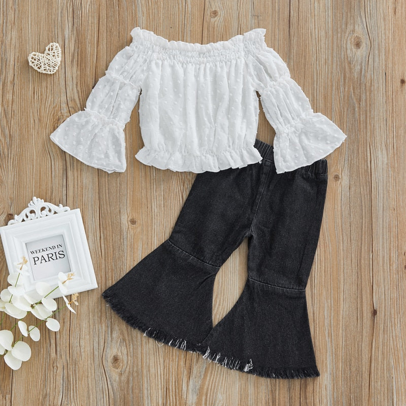 Ruffles Off Shoulder Long Sleeve Shirts + Ripped Hole Flare Jeans Clothes Sets