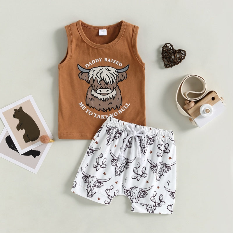 Western Boys Clothing Sets Letter Sleeveless Tanks Tops+Cattle