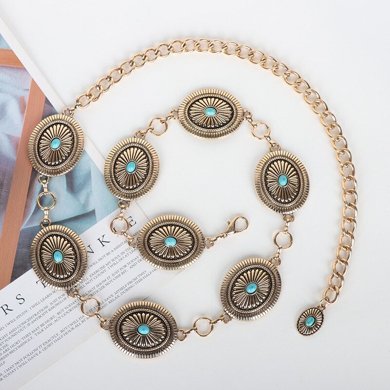 WESTERN TURQUOISE STONE OVAL CHAIN BELT