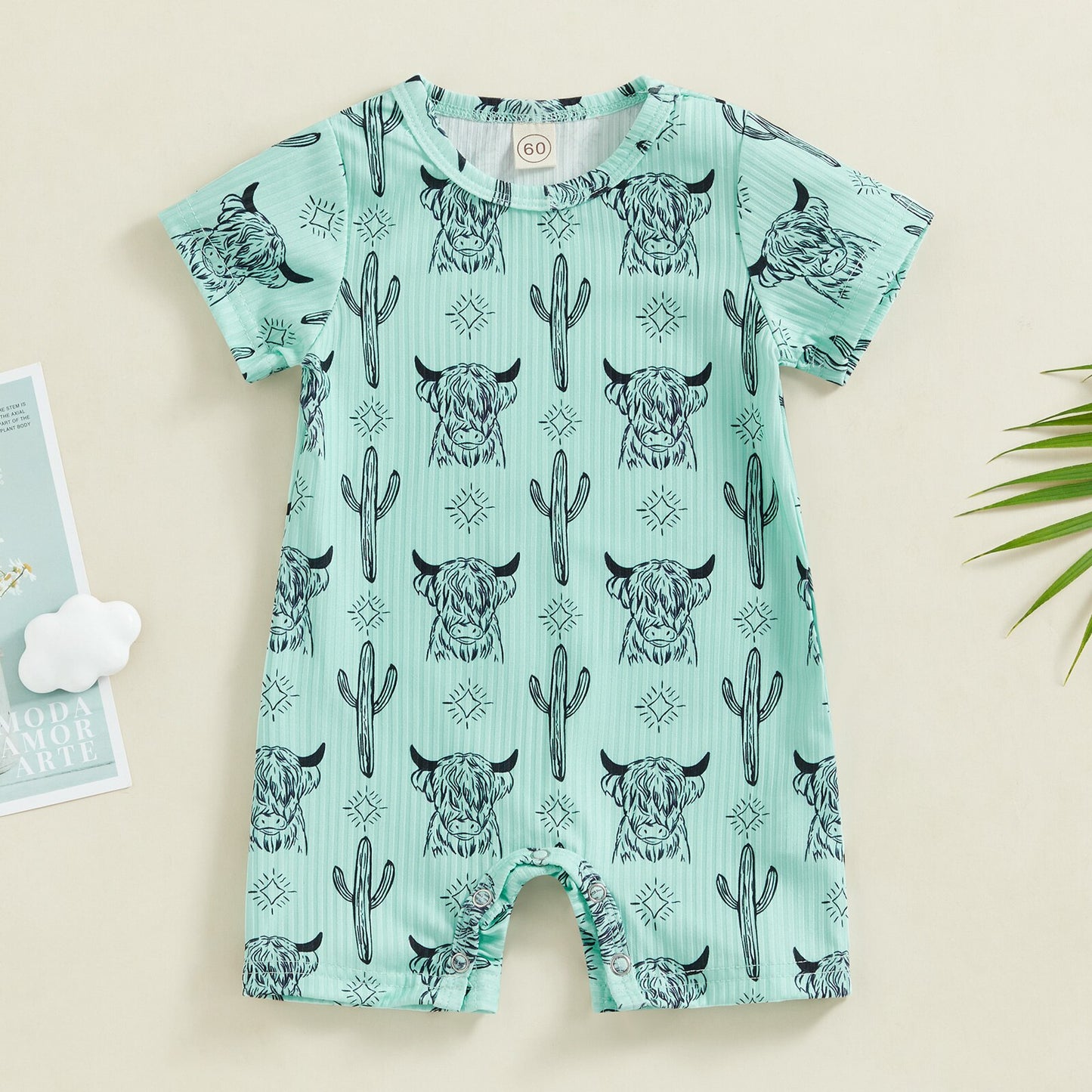 Ribbed Cattle Cactus Graphic Print Short Sleeve O-neck Jumpsuits