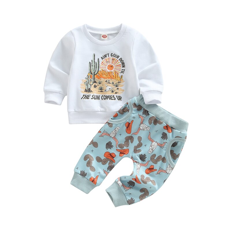 Cow Cactus Sun Print Long Sleeve Sweatshirts+Pocket Long Pants