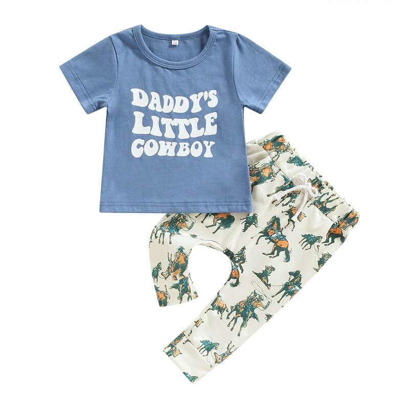 Daddy's Little Cowboy Short Sleeve T-shirts+Horse Print Drawstring Long Pants Outfits