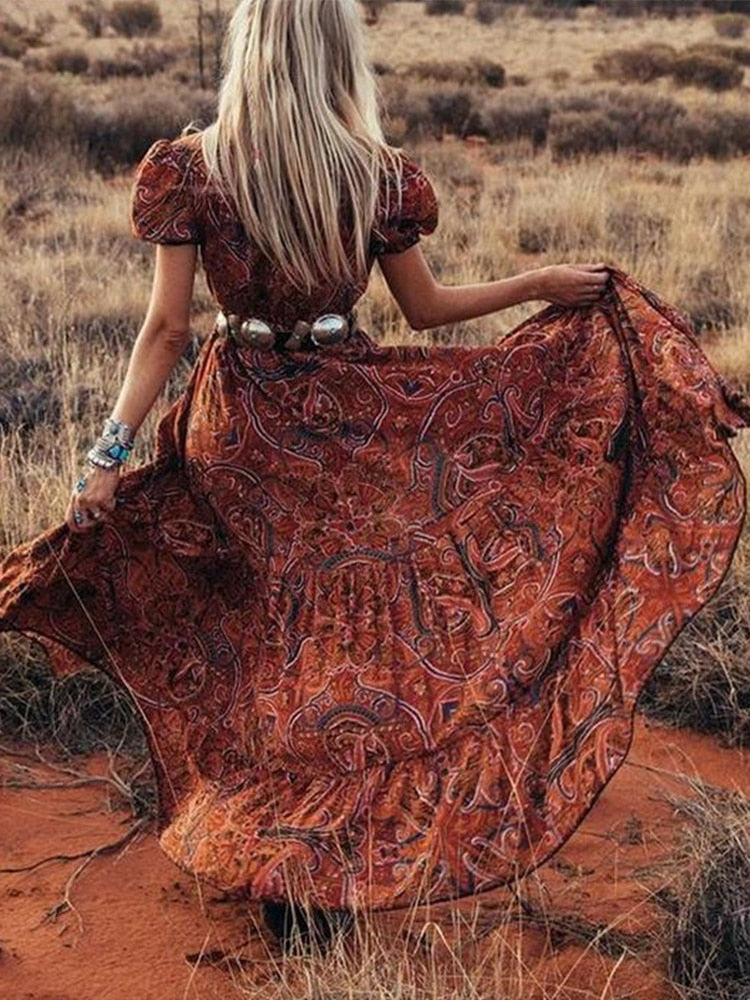 Bohemian Long Dresses Short Sleeve Split Maxi