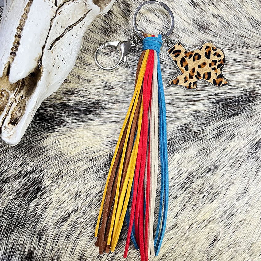 Genuine Leather Leopard Cactus Tassel Fringe Key Chain