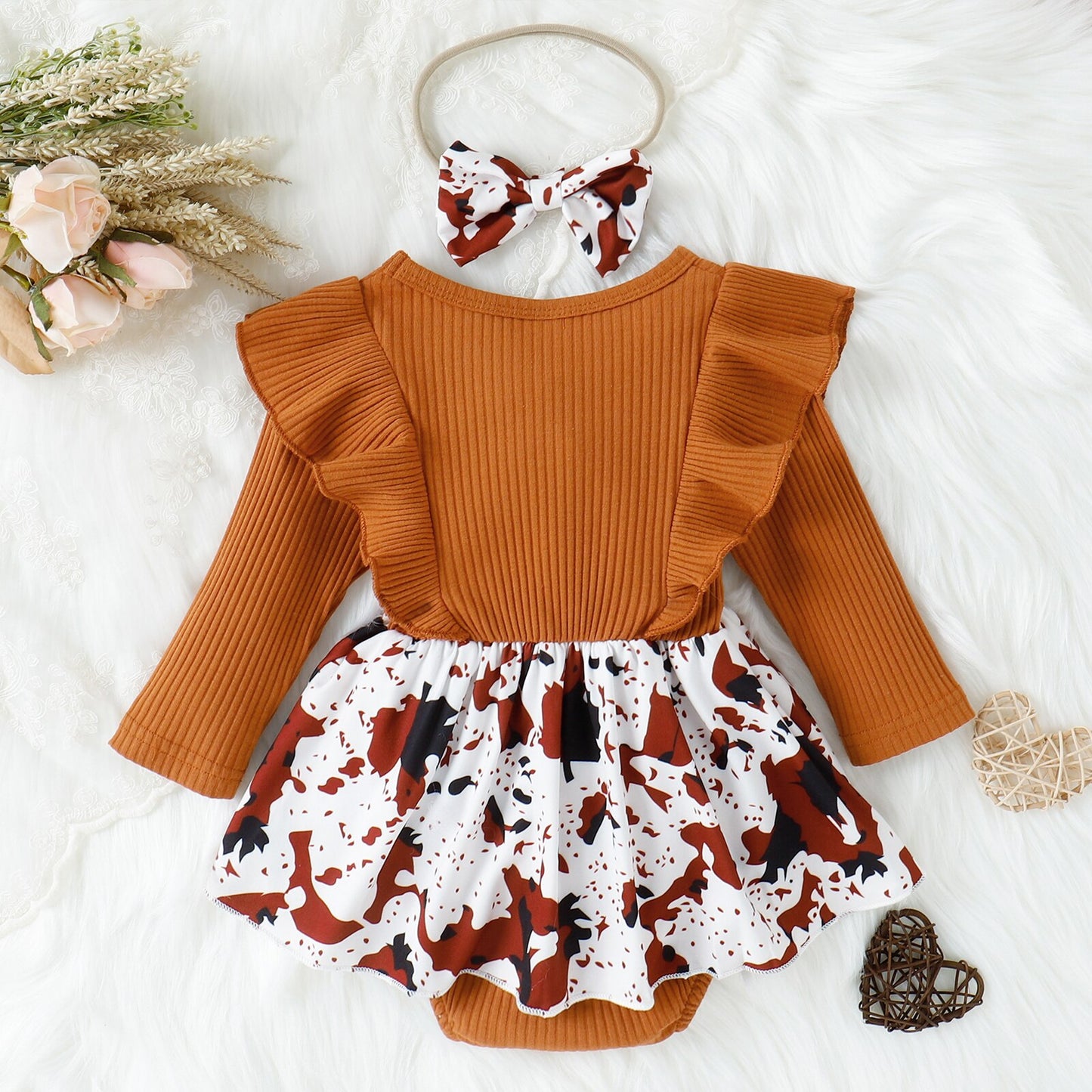 Newborn Baby Girls Autumn Winter Clothes Leopard/Cow Print Long Sleeve Ribbed Bowknot Rompers Jumpsuits Dress Headband Outfits