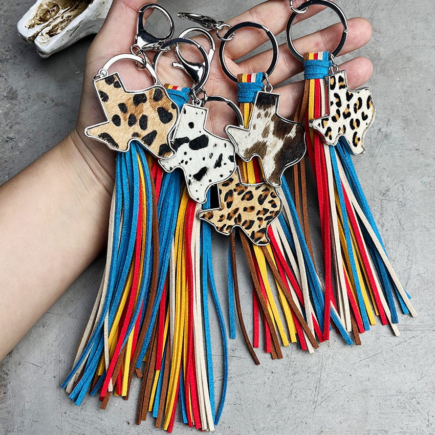 Genuine Leather Leopard Cactus Tassel Fringe Key Chain