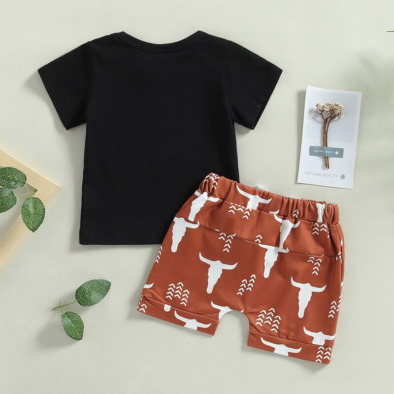 Cattle Letter Print Short Sleeve T-shirts Elastic Waist Shorts