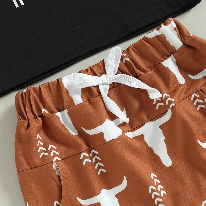 Cattle Letter Print Short Sleeve T-shirts Elastic Waist Shorts