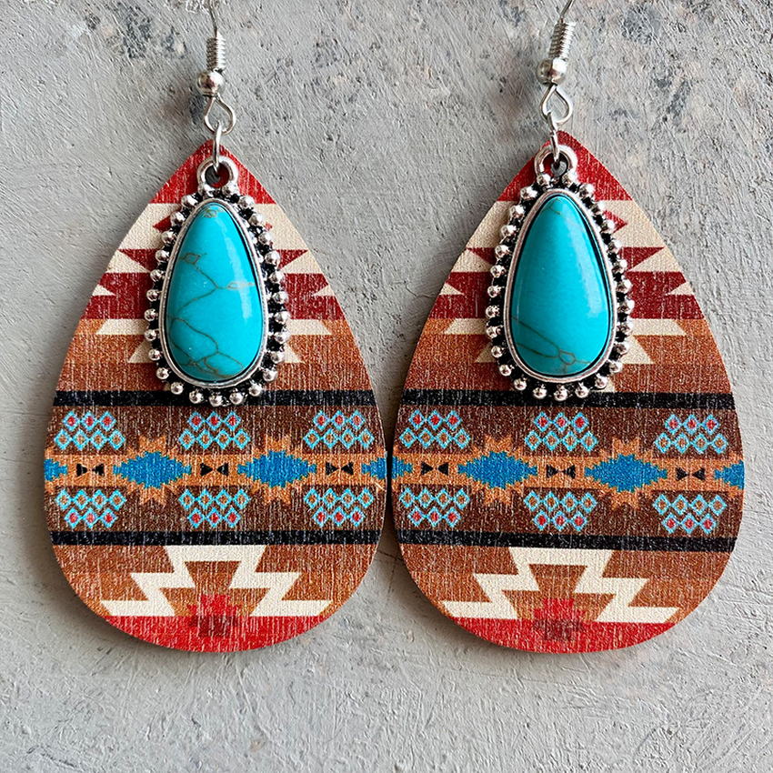 Aztec Pattern Wood Turquoise Teardrop Earrings