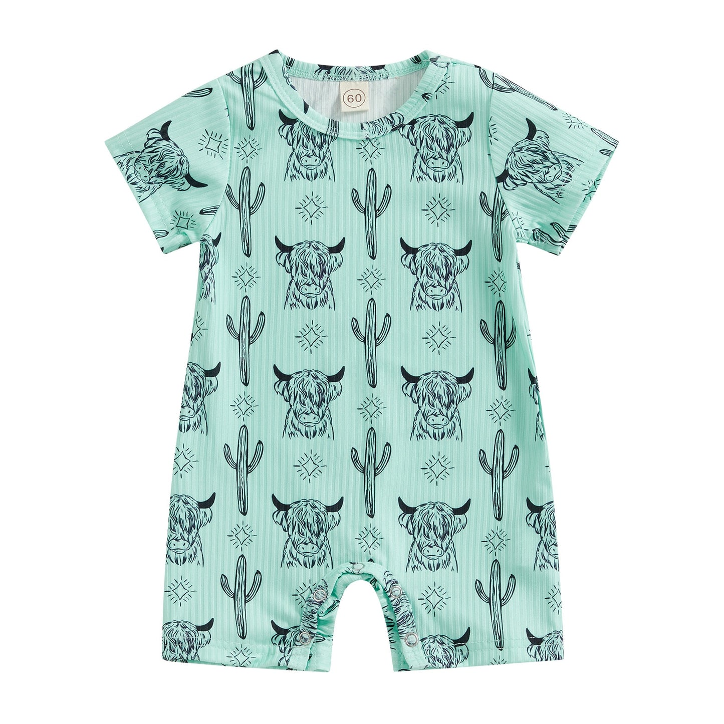 Ribbed Cattle Cactus Graphic Print Short Sleeve O-neck Jumpsuits