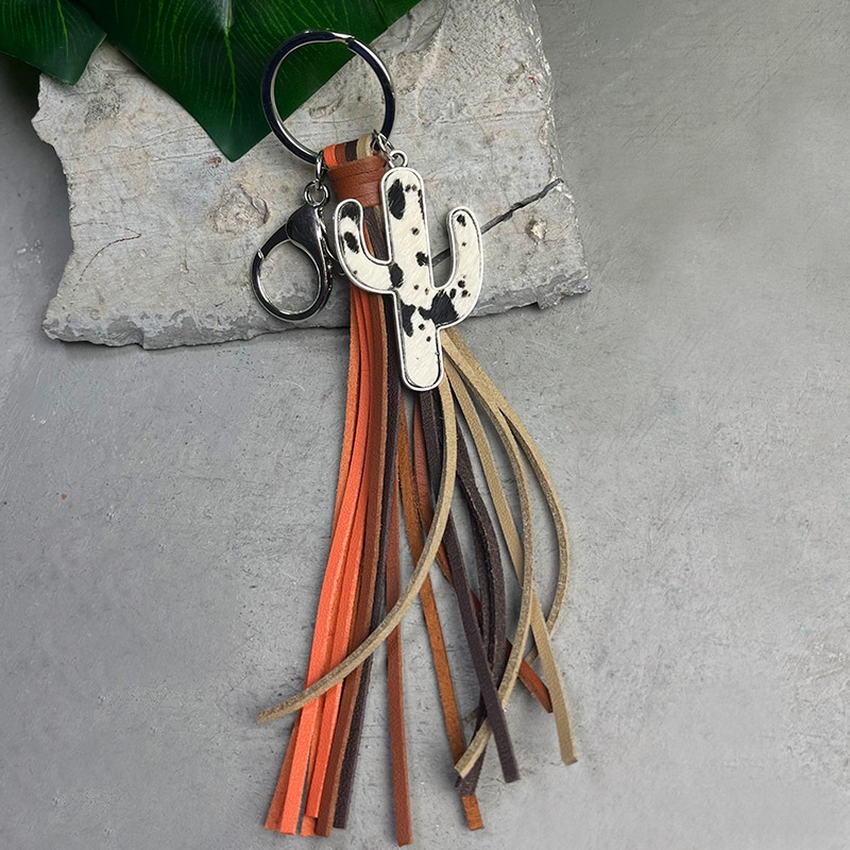 Genuine Leather Leopard Cactus Tassel Fringe Key Chain