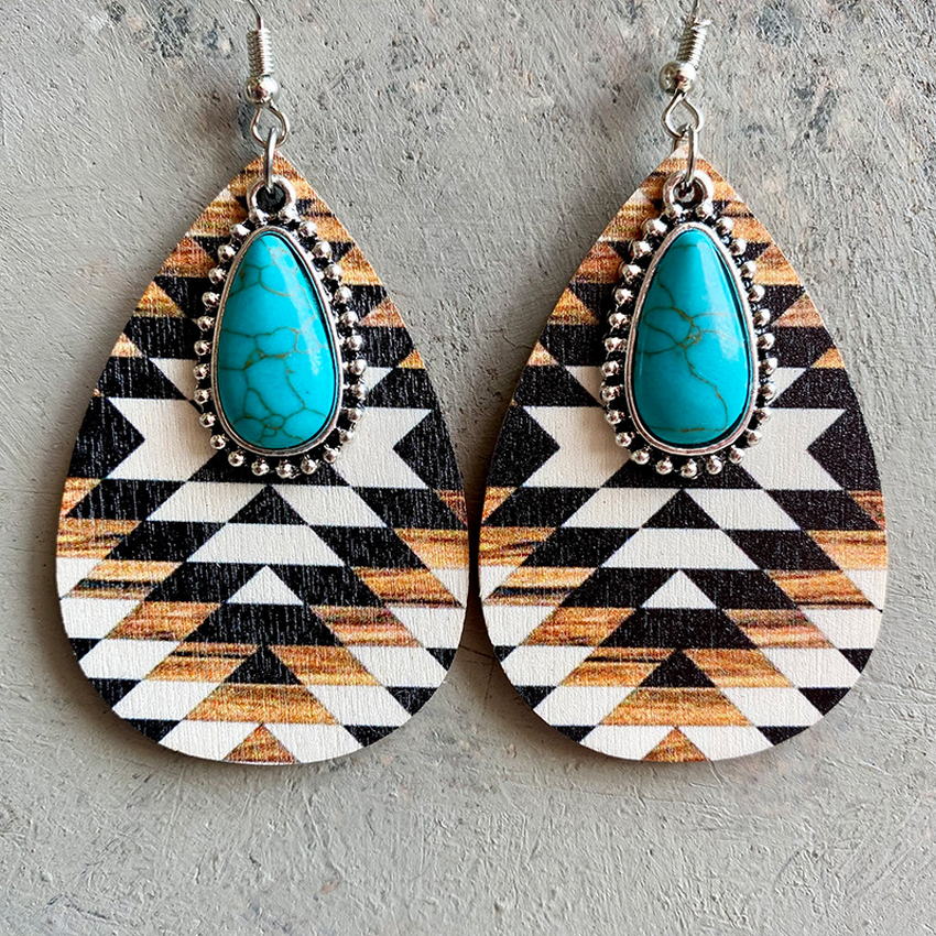 Aztec Pattern Wood Turquoise Teardrop Earrings