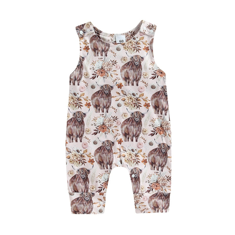 Rompers Cattle Floral Cactus Print Sleeveless O-neck Jumpsuits Overalls Clothes