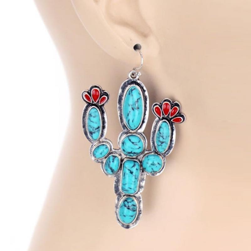 Boho Turquoise Cactus Stone Dangle Earrings with Red Flowers