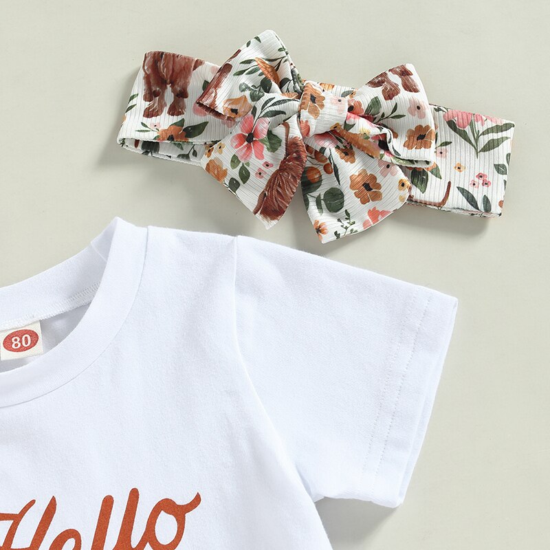 Hello Darling T-shirts+Ribbed Cattle Floral Print Flare Long Pants+Headwear