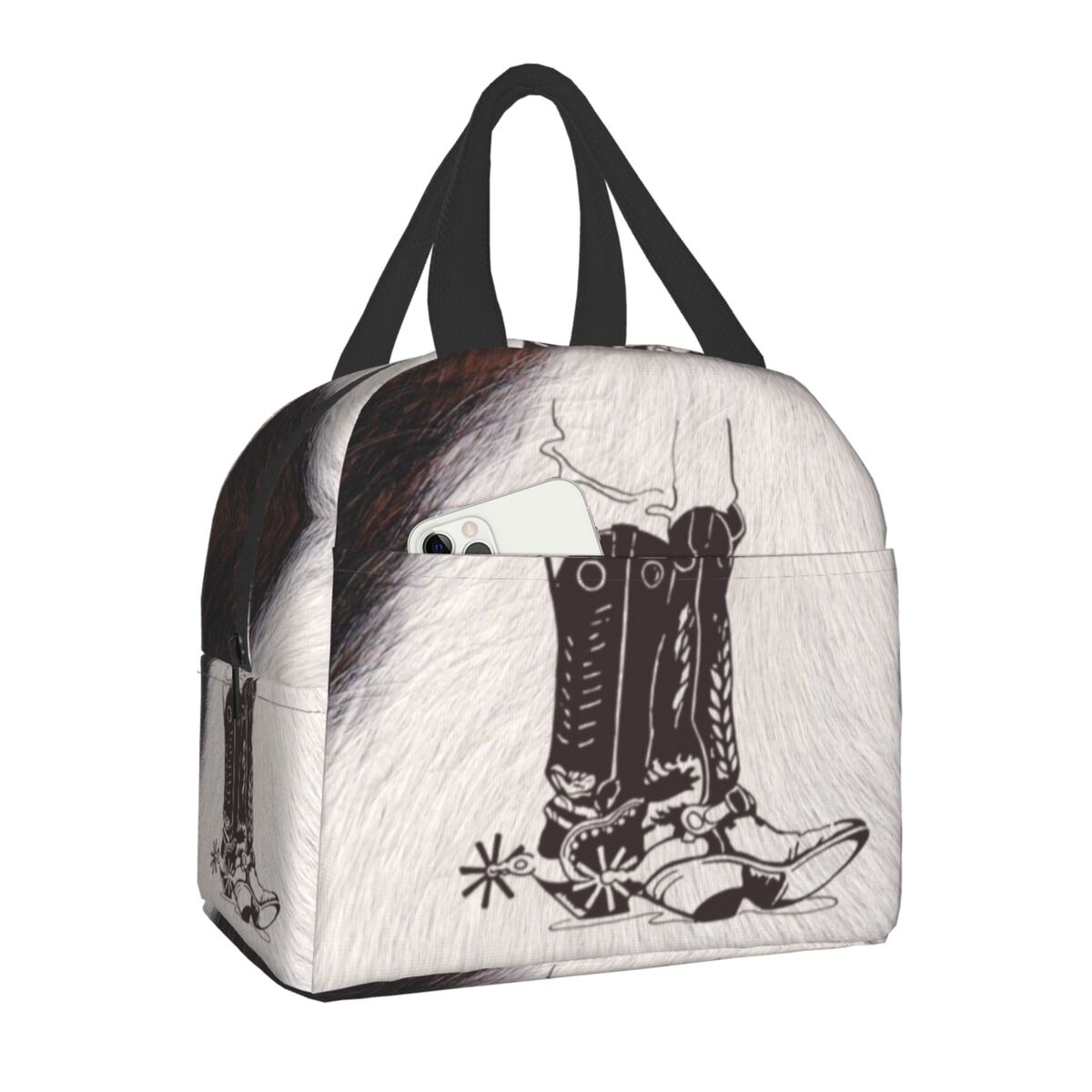 Western Cowboy Rodeo Horse Cowhide Cow Print Lunch Bag Resuable Cooler Thermal Insulated Lunch Box for Women School Work Picnic