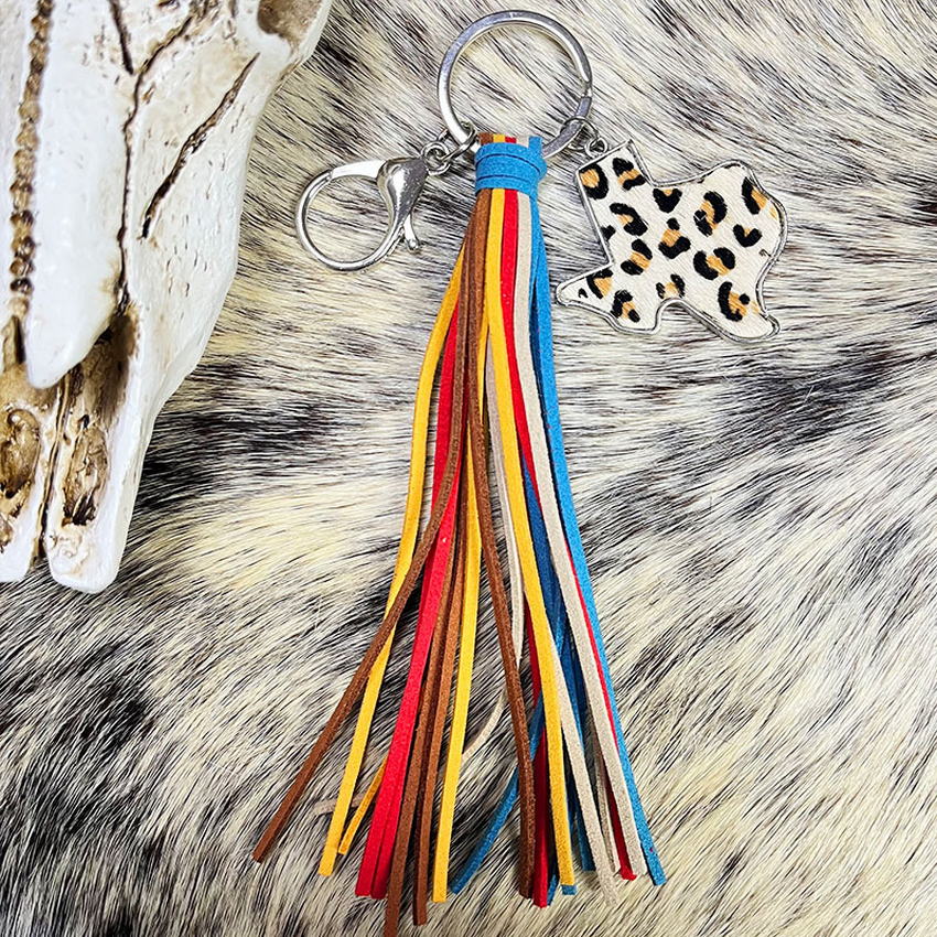 Genuine Leather Leopard Cactus Tassel Fringe Key Chain