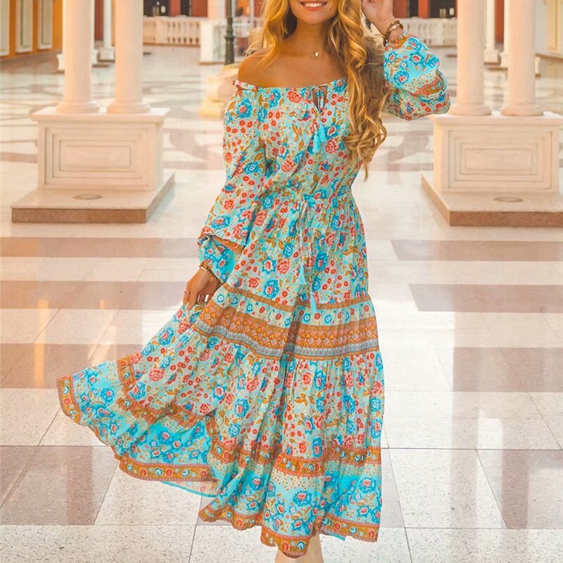 Bohemian Maxi Dress Ladies Off Shoulder