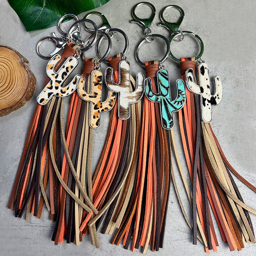 Genuine Leather Leopard Cactus Tassel Fringe Key Chain